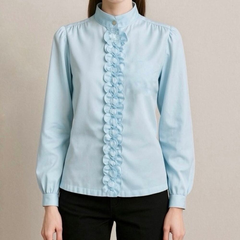 Vintage Light‎ Blue Ruffle Blouse High Collar Puff Sleeve Romantic Retro size 12